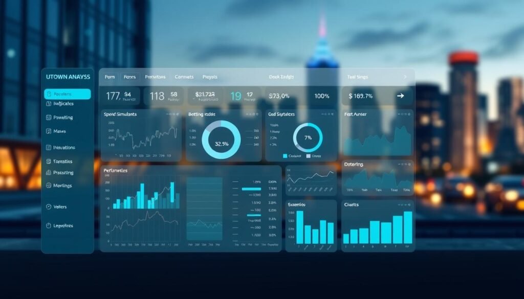 A detailed financial analysis of sports betting odds and strategies for the UTown platform, captured in a sleek and professional illustration. The scene depicts a data-rich dashboard with interactive charts, graphs, and statistics, all rendered in a clean, minimalist style with a cool, neutral color palette. The foreground features a well-organized layout of key performance metrics, betting odds, and scenario simulations, while the background showcases a blurred, out-of-focus cityscape to convey a sense of urban sophistication. The overall mood is one of analytical precision and data-driven insights, perfectly suited to illustrate the "UTown Sports Betting Odds and Gameplay Analysis" section of the article.