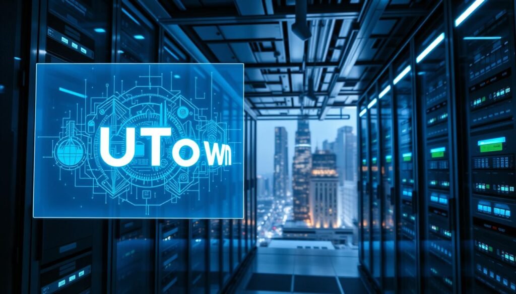 A high-tech, futuristic data center with sleek glass and steel architecture, bathed in cool blue lighting. In the foreground, a holographic display showcases the UTown logo and intricate data visualization elements, representing the robust privacy protection and encryption technologies. The middle ground features rows of secured server racks, with glowing indicator panels and a subtle hum of activity. The background depicts a cityscape of gleaming skyscrapers, hinting at the scale and importance of UTown's operations. The overall mood is one of advanced, cutting-edge technology dedicated to safeguarding user privacy.
