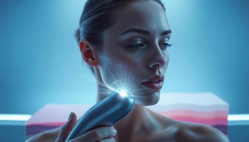 A high-tech image showcasing the integration of monopolar radiofrequency and ultrasound technology from derBeaute. In the foreground, a sleek and futuristic-looking handpiece emits gentle beams of RF energy and focused ultrasound waves, enveloping a model's face in a hazy, ethereal glow. The middle ground features a clean, minimalist backdrop, emphasizing the advanced nature of the treatment. The background subtly hints at the underlying biological mechanisms, with a layered cross-section of skin revealing the targeted stimulation of the dermal layer. Subtle blue and violet hues convey a sense of clinical precision and innovative skin rejuvenation. A high-tech image showcasing the integration of monopolar radiofrequency and ultrasound technology from derBeaute. In the foreground, a sleek and futuristic-looking handpiece emits gentle beams of RF energy and focused ultrasound waves, enveloping a model's face in a hazy, ethereal glow. The middle ground features a clean, minimalist backdrop, emphasizing the advanced nature of the treatment. The background subtly hints at the underlying biological mechanisms, with a layered cross-section of skin revealing the targeted stimulation of the dermal layer. Subtle blue and violet hues convey a sense of clinical precision and innovative skin rejuvenation.