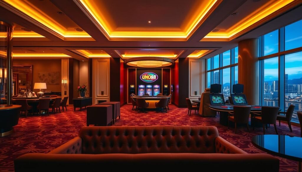 A luxurious, meticulously crafted VIP membership experience at the UHO88 entertainment club. A grand, gilded lobby illuminated by warm, ambient lighting sets the tone. In the foreground, a plush velvet lounge with elegant furnishings. The middle ground showcases an exclusive private gaming area, outfitted with the latest state-of-the-art equipment. In the background, a panoramic view of the city skyline, hinting at the VIP's elevated status. The overall atmosphere conveys a sense of exclusivity, refinement, and the pinnacle of entertainment and hospitality.