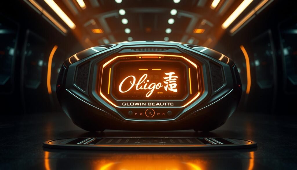 A striking futuristic device with a sleek, metallic design. The Oligio X 原美電波 hums with a mesmerizing glow, its smooth curves and intricate panels hinting at advanced technology. In the foreground, the Glowin Beaute logo shines brightly, its elegant script and radiant light drawing the eye. The middle ground features the device's control panel, with a sophisticated array of buttons and dials. In the background, a dimly lit, high-tech environment creates a sense of mystery and wonder. Warm, diffused lighting sets a serene, contemplative mood, casting gentle shadows that accentuate the product's sleek form. The overall composition conveys the Oligio X 原美電波's unique blend of cutting-edge design and captivating aesthetics.