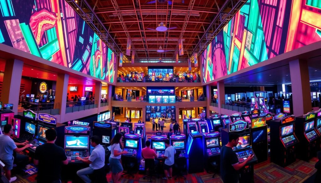 A vibrant, immersive gaming experience showcasing the diverse offerings of the UTown entertainment complex. In the foreground, players engage with a variety of interactive stations, including virtual reality setups and multi-player consoles. The middle ground features a bustling lobby, complete with neon-lit signage and dynamic displays highlighting the extensive game selection. In the background, a panoramic view reveals the scale and scope of the UTown experience, with high ceilings, dynamic lighting, and a sense of energy and excitement. The overall scene conveys a harmonious blend of cutting-edge technology, social engagement, and unparalleled entertainment for all.