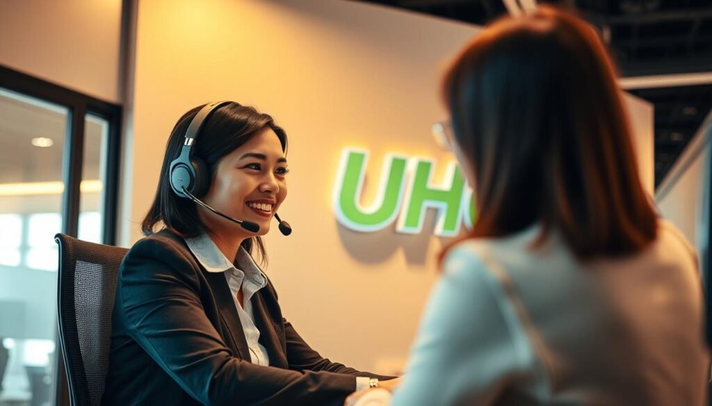 A well-lit office interior, showcasing a customer service agent working diligently at a desk, providing assistance to a client through a headset. The agent's expression conveys a pleasant and attentive demeanor, while the background features the UHO88 brand logo prominently displayed on the wall. The scene is captured using a medium shot, providing a balanced composition that highlights the focus on the customer service interaction. The lighting is warm and inviting, creating a professional and welcoming atmosphere. The overall tone suggests a reliable and efficient customer support experience at UHO88 entertainment.