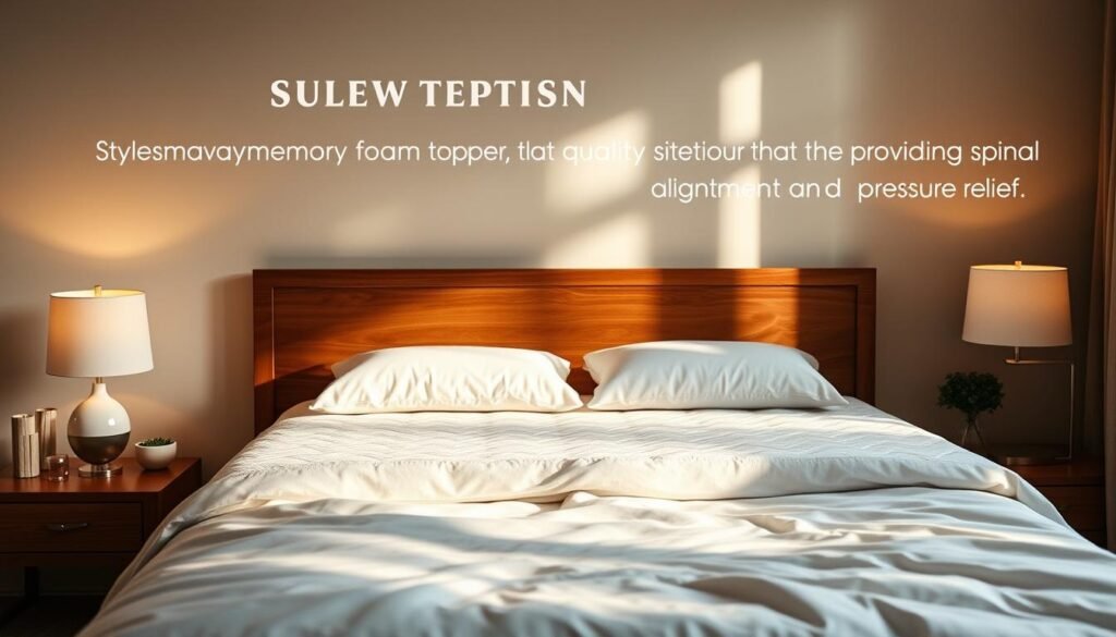 A cozy, well-designed bedroom featuring a luxurious StylesMaven memory foam mattress topper. The topper is a plush, high-quality material that contours to the sleeper's body, providing enhanced spinal alignment and pressure relief. Soft, natural lighting from a bedside lamp casts a warm glow, creating a serene and relaxing atmosphere. The bed is elegantly framed by a minimalist wooden headboard, complemented by crisp, white bedding that adds a sense of purity and tranquility. The room exudes a calming ambiance, inviting the viewer to imagine a restful, restorative sleep experience.