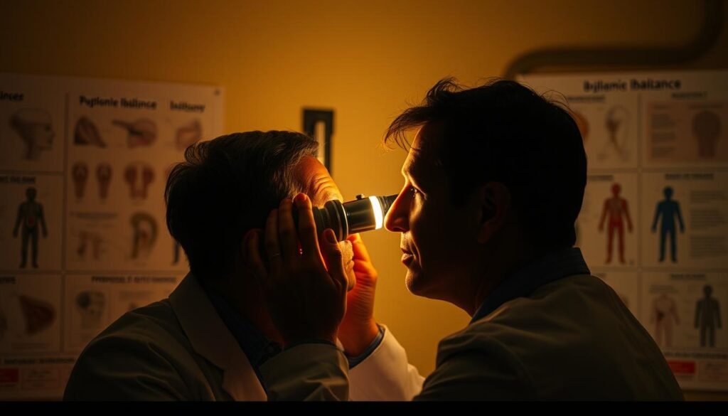 A dimly lit examination room with a medical professional attentively examining the ear of a patient. The patient's expression is one of concern, as the doctor scrutinizes the inner workings of the ear using a specialized otoscope. The lighting is warm and focused, casting subtle shadows that highlight the intricate structures of the ear canal. In the background, a medical chart or display showcases various illustrations and information related to ear anatomy and potential imbalance issues. The scene conveys a sense of medical expertise, diagnostic focus, and the patient's hope for a resolution to their ear-related concern.