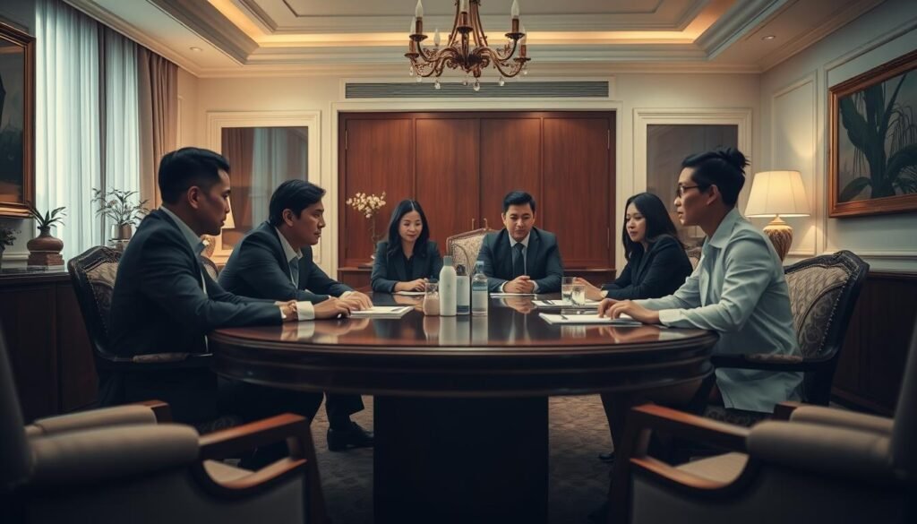 A meticulously curated scene depicting the crisis management process of Glowin Beaute, a leading luxury skincare brand. A serene office interior with warm lighting, featuring a team of crisis management experts gathered around a mahogany table, deep in discussion. Elegant decor and tasteful furnishings convey a sense of professionalism and composure, while the focused expressions of the individuals suggest the gravity of the situation at hand. The composition strikes a balance between tranquility and a subtle undercurrent of tension, capturing the essence of Glowin Beaute's thoughtful and efficient approach to public relations challenges. A meticulously curated scene depicting the crisis management process of Glowin Beaute, a leading luxury skincare brand. A serene office interior with warm lighting, featuring a team of crisis management experts gathered around a mahogany table, deep in discussion. Elegant decor and tasteful furnishings convey a sense of professionalism and composure, while the focused expressions of the individuals suggest the gravity of the situation at hand. The composition strikes a balance between tranquility and a subtle undercurrent of tension, capturing the essence of Glowin Beaute's thoughtful and efficient approach to public relations challenges.