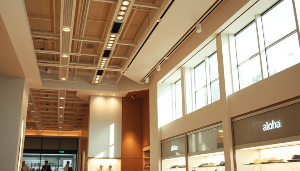 A modern, well-lit commercial interior with a focus on the Aloha brand's LED lighting system. The space features a sleek, minimalist design with clean lines and a neutral color palette. Strategically placed Aloha LED fixtures create a warm, inviting ambiance, highlighting key display areas and merchandise. Soft, diffused lighting from the overhead fixtures casts a gentle glow, complementing the natural daylight from large windows. The Aloha logo is subtly integrated into the lighting design, reinforcing the brand's presence. The overall scene conveys a sense of sophistication, energy efficiency, and a premium shopping experience. A modern, well-lit commercial interior with a focus on the Aloha brand's LED lighting system. The space features a sleek, minimalist design with clean lines and a neutral color palette. Strategically placed Aloha LED fixtures create a warm, inviting ambiance, highlighting key display areas and merchandise. Soft, diffused lighting from the overhead fixtures casts a gentle glow, complementing the natural daylight from large windows. The Aloha logo is subtly integrated into the lighting design, reinforcing the brand's presence. The overall scene conveys a sense of sophistication, energy efficiency, and a premium shopping experience.