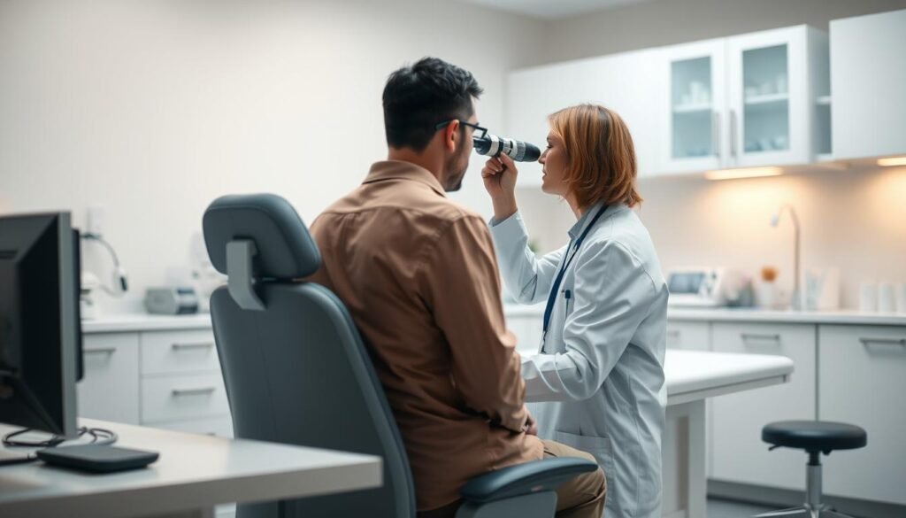 A serene, well-lit medical examination room with a doctor's desk and chair in the foreground. In the middle ground, a patient sits on an examination table, while a doctor examines their ear using an otoscope. The background shows medical equipment and cabinets, conveying a sense of a professional, clinical setting. The lighting is soft and warm, creating a calming atmosphere. The scene depicts the future development and prospects of methods to address inner ear imbalance, with the doctor's attentive examination suggesting advancements in diagnostic and treatment approaches.