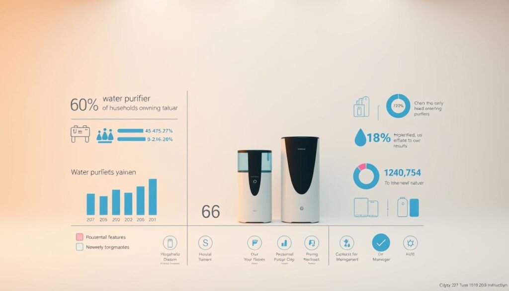 A vibrant infographic showcasing the results of a comprehensive survey on water purifier usage habits in Taiwan. Set against a clean, minimalist background, the image features an array of stylized icons and data visualizations. In the foreground, a series of neatly arranged bar graphs and pie charts illustrate the key findings, such as the percentage of households owning water purifiers, frequency of replacement, and popular features. The middle ground depicts a trio of water purifier models in varying designs, highlighting the diverse options available to consumers. In the background, a subtle pattern of water droplets and sleek product silhouettes creates a sense of purity and freshness, reflecting the essence of the survey topic. Warm, indirect lighting casts a soft glow, lending a professional, yet inviting aesthetic to the overall composition. A vibrant infographic showcasing the results of a comprehensive survey on water purifier usage habits in Taiwan. Set against a clean, minimalist background, the image features an array of stylized icons and data visualizations. In the foreground, a series of neatly arranged bar graphs and pie charts illustrate the key findings, such as the percentage of households owning water purifiers, frequency of replacement, and popular features. The middle ground depicts a trio of water purifier models in varying designs, highlighting the diverse options available to consumers. In the background, a subtle pattern of water droplets and sleek product silhouettes creates a sense of purity and freshness, reflecting the essence of the survey topic. Warm, indirect lighting casts a soft glow, lending a professional, yet inviting aesthetic to the overall composition.