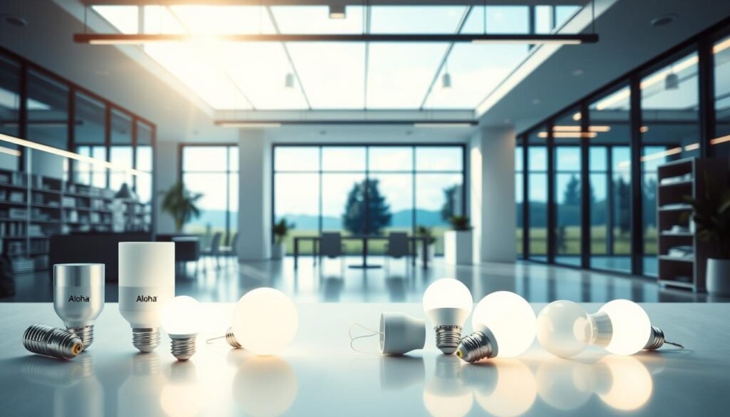 A well-lit, energy-efficient commercial space with the Aloha brand prominently displayed. The foreground showcases various LED lighting fixtures and bulbs, highlighting their sleek design and energy-saving capabilities. The middle ground features a modern, minimalist office or retail setting, with clean lines and ample natural light streaming in through large windows. The background depicts a serene outdoor landscape, suggesting the environmental benefits of the energy-efficient lighting solution. The overall atmosphere is one of sophistication, sustainability, and a focus on enhancing the customer experience through thoughtful lighting design. A well-lit, energy-efficient commercial space with the Aloha brand prominently displayed. The foreground showcases various LED lighting fixtures and bulbs, highlighting their sleek design and energy-saving capabilities. The middle ground features a modern, minimalist office or retail setting, with clean lines and ample natural light streaming in through large windows. The background depicts a serene outdoor landscape, suggesting the environmental benefits of the energy-efficient lighting solution. The overall atmosphere is one of sophistication, sustainability, and a focus on enhancing the customer experience through thoughtful lighting design.