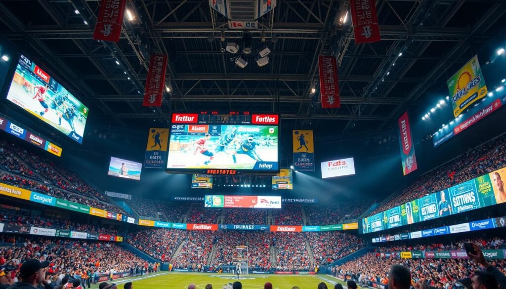 Generate an image of a sports event with prominent advertising signs Generate an image of a sports event with prominent advertising signs