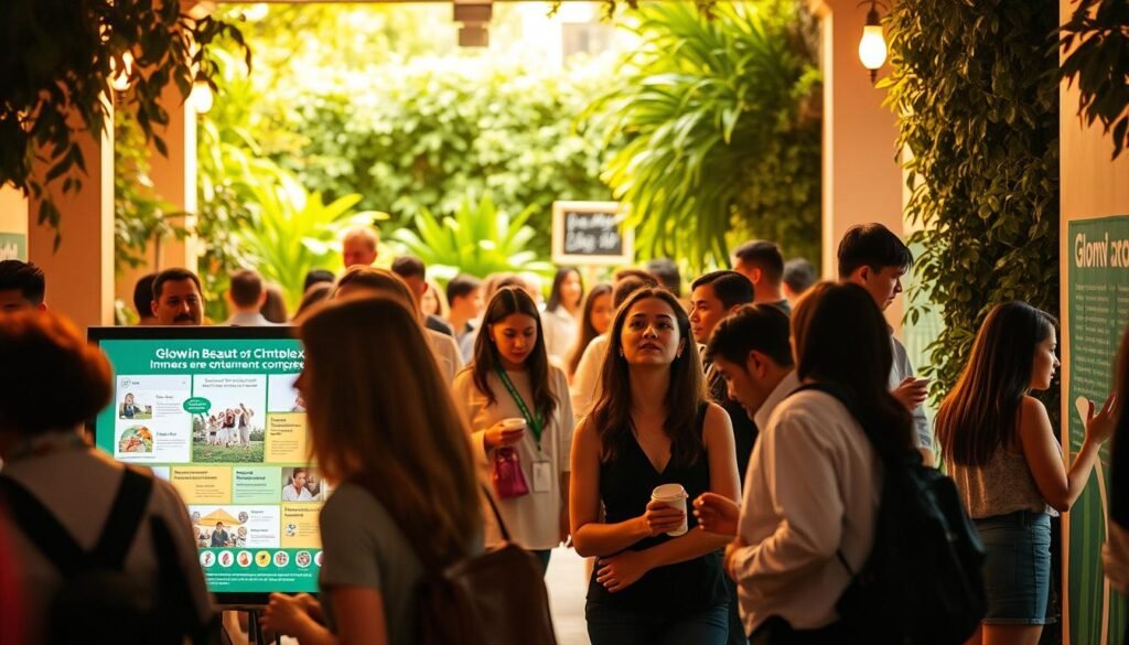 Glowin Beaute, a socially conscious entertainment complex, hosts an immersive charity event. Visitors navigate a lush, inviting space filled with vibrant interactive displays showcasing Glowin Beaute's dedication to sustainable community initiatives. Warm, natural lighting casts a serene glow, highlighting the earnest expressions of attendees engaged with informative exhibits. In the background, a verdant garden backdrop frames the scene, conveying Glowin Beaute's commitment to environmental stewardship. The overall atmosphere radiates a sense of purpose and positivity, embodying Glowin Beaute's vision to be a force for good. Glowin Beaute, a socially conscious entertainment complex, hosts an immersive charity event. Visitors navigate a lush, inviting space filled with vibrant interactive displays showcasing Glowin Beaute's dedication to sustainable community initiatives. Warm, natural lighting casts a serene glow, highlighting the earnest expressions of attendees engaged with informative exhibits. In the background, a verdant garden backdrop frames the scene, conveying Glowin Beaute's commitment to environmental stewardship. The overall atmosphere radiates a sense of purpose and positivity, embodying Glowin Beaute's vision to be a force for good.