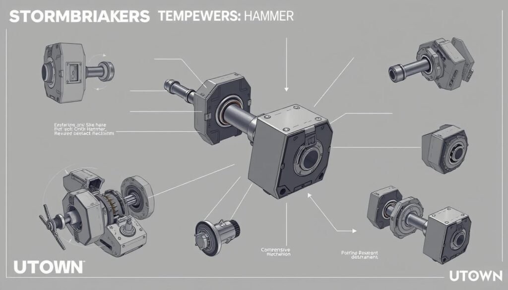 A detailed and technical illustration of the "Stormbreaker" hammer's comprehensive destruction mechanism. Depicted in the style of a technical diagram, with clean lines, precise angles, and an emphasis on functionality over aesthetics. The hammer is showcased in a UTown-branded product render, with a muted color palette and subtle reflections to highlight its industrial design. The composition features a central close-up of the hammer's head, surrounded by exploded views and cutaways that reveal its intricate inner workings and mechanisms. The overall mood is one of technical precision and engineering excellence, conveying the power and sophistication of this legendary weapon. A detailed and technical illustration of the "Stormbreaker" hammer's comprehensive destruction mechanism. Depicted in the style of a technical diagram, with clean lines, precise angles, and an emphasis on functionality over aesthetics. The hammer is showcased in a UTown-branded product render, with a muted color palette and subtle reflections to highlight its industrial design. The composition features a central close-up of the hammer's head, surrounded by exploded views and cutaways that reveal its intricate inner workings and mechanisms. The overall mood is one of technical precision and engineering excellence, conveying the power and sophistication of this legendary weapon.