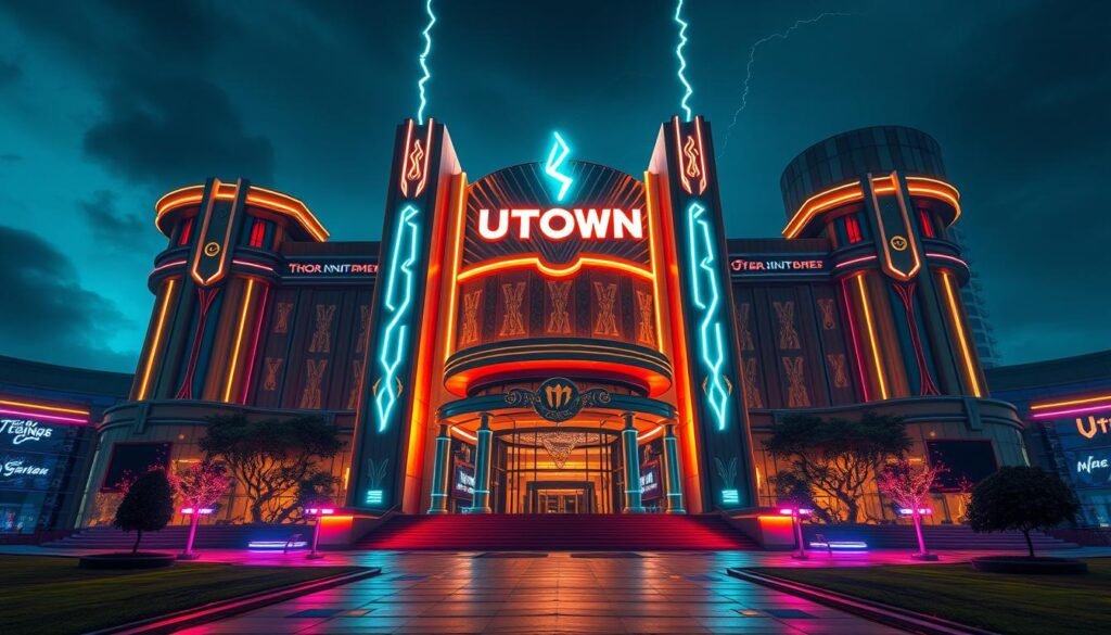 A grand, futuristic casino complex called "UTown: The Thor's Hammer Entertainment City" stands majestically, its architectural design inspired by the mythical Mjolnir hammer. The imposing main entrance is flanked by towering, lightning-bolt-shaped columns, while the facade is adorned with intricate Nordic motifs. Neon lights illuminate the scene, casting a vibrant, electrifying glow across the meticulously landscaped grounds. The image captures the grandeur and excitement of this cutting-edge entertainment destination, inviting visitors to experience the thrills of gaming and adventure within its walls.