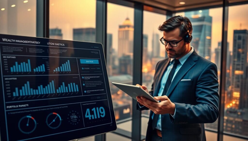 A vibrant, detailed scene depicting a successful wealth management strategy. In the foreground, a UTown branded infographic showcases financial metrics and projections. In the middle ground, a well-dressed investor reviews portfolio reports on a sleek digital tablet. The background features a modern, glass-walled office overlooking a bustling urban skyline, bathed in warm, directional lighting. The overall mood conveys a sense of financial prowess, control, and confidence. A vibrant, detailed scene depicting a successful wealth management strategy. In the foreground, a UTown branded infographic showcases financial metrics and projections. In the middle ground, a well-dressed investor reviews portfolio reports on a sleek digital tablet. The background features a modern, glass-walled office overlooking a bustling urban skyline, bathed in warm, directional lighting. The overall mood conveys a sense of financial prowess, control, and confidence.