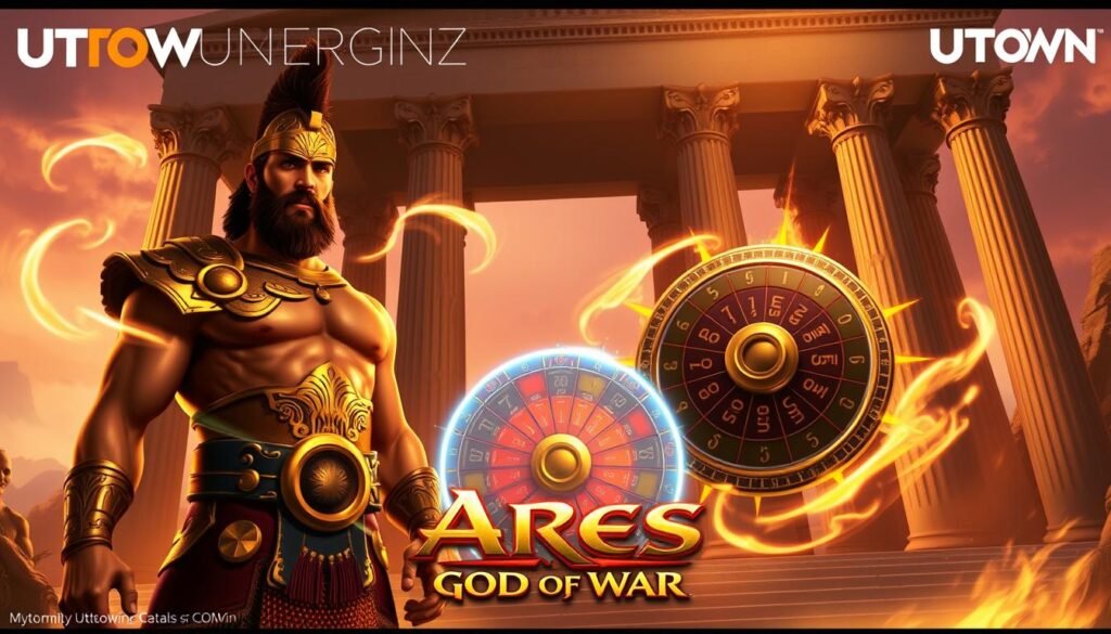 A vibrant digital illustration showcasing the special features of the "Ares: God of War" slot game within the UTown entertainment complex. In the foreground, the powerful figure of the god Ares stands tall, his imposing presence commanding attention. Intricate golden armor adorns his muscular frame, while a fierce determination burns in his eyes. Swirling energy pulses around him, hinting at the game's thrilling special abilities. The middle ground features a free spin bonus wheel, its spokes glowing with an otherworldly light, promising lucrative rewards. In the background, a majestic temple rises, its ancient pillars and ornate carvings evoking the game's mythological setting. Warm, dramatic lighting casts dramatic shadows, heightening the sense of power and excitement. The overall composition conveys the game's blend of divine grandeur and pulse-pounding gameplay. A vibrant digital illustration showcasing the special features of the "Ares: God of War" slot game within the UTown entertainment complex. In the foreground, the powerful figure of the god Ares stands tall, his imposing presence commanding attention. Intricate golden armor adorns his muscular frame, while a fierce determination burns in his eyes. Swirling energy pulses around him, hinting at the game's thrilling special abilities. The middle ground features a free spin bonus wheel, its spokes glowing with an otherworldly light, promising lucrative rewards. In the background, a majestic temple rises, its ancient pillars and ornate carvings evoking the game's mythological setting. Warm, dramatic lighting casts dramatic shadows, heightening the sense of power and excitement. The overall composition conveys the game's blend of divine grandeur and pulse-pounding gameplay.
