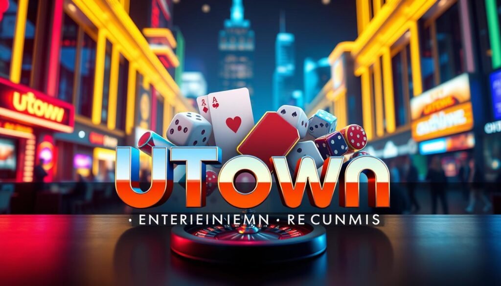 A vibrant, high-resolution image of the "UTown Entertainment City Lottery Guide" featuring a sleek, modern design aesthetic. The foreground showcases the brand name "UTown" prominently displayed in a bold, stylized font with a gradient effect. The middle ground depicts various lottery game icons, such as dice, playing cards, and a spinning roulette wheel, all rendered in a polished, three-dimensional style. The background is a soft, blurred cityscape with skyscrapers and neon lights, creating a sense of an immersive, bustling entertainment district. The overall mood is one of excitement, sophistication, and the promise of thrilling gameplay experiences.
