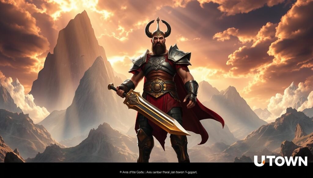 Captivating fantasy-themed video game scene depicting the "Ares, God of War" character from the popular "Battle of the Gods: Ares" game. Set in a grand, mythological landscape with towering mountains, swirling clouds, and shafts of dramatic lighting. Ares, clad in ornate battle armor and wielding a massive sword, stands in a heroic, imposing pose against this awe-inspiring backdrop. Vibrant colors, dynamic composition, and a sense of epic grandeur. Subtle UTown branding in the bottom corner.