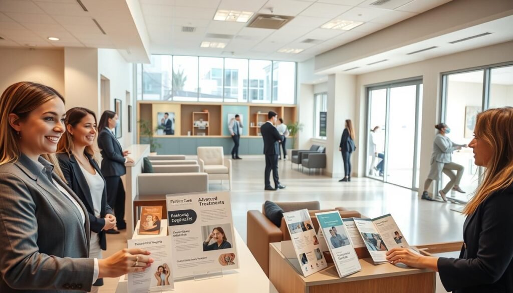 A modern, inviting day medical center focusing on patient care and advanced treatments, showcasing a spacious reception area with friendly staff in professional business attire welcoming patients. In the foreground, there are well-organized information brochures about various services offered, such as consultations, minor surgeries, and diagnostic services. The middle section features calming, light-colored walls, comfortable seating for patients, and large windows allowing natural light to flood the space, promoting a soothing atmosphere. In the background, glimpses of staff interacting with patients in treatment rooms can be seen, emphasizing personalized care. The lighting is bright yet soft, creating a warm and reassuring environment. The overall mood conveys trust, care, and professionalism, highlighting the advantages of a day medical center.
