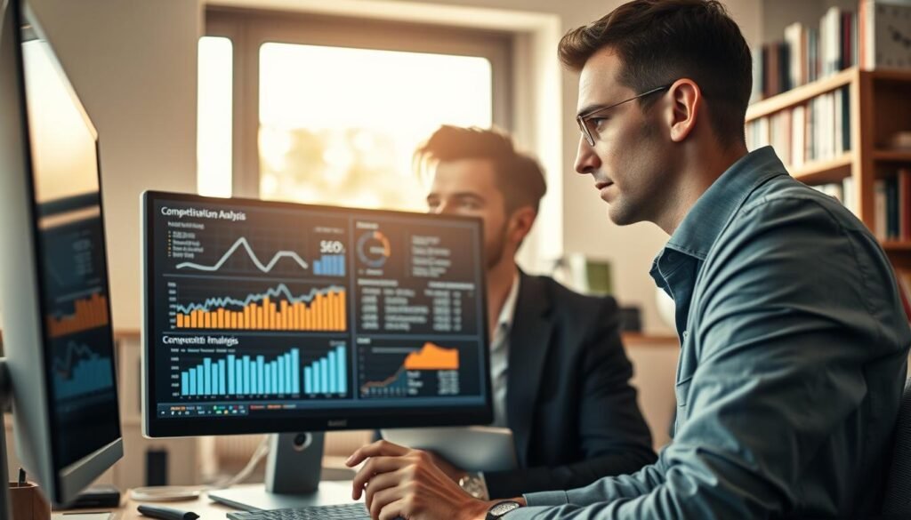 A professional workspace featuring a computer screen displaying graphs and analytics related to competitive analysis and SEO keyword rankings. In the foreground, a focused businessperson, dressed in smart casual attire, is analyzing data with a thoughtful expression. The middle layer includes a large digital display showing SEO performance metrics, keyword rankings, and competitive analysis charts. In the background, bookshelves filled with marketing and SEO literature are softly lit by natural light coming in from a window, creating a warm and productive atmosphere. The overall mood is one of concentration and strategy, emphasizing the importance of data-driven decision-making in improving SEO performance. The composition is balanced, with a clear depth of field focusing on the businessperson and the screen.