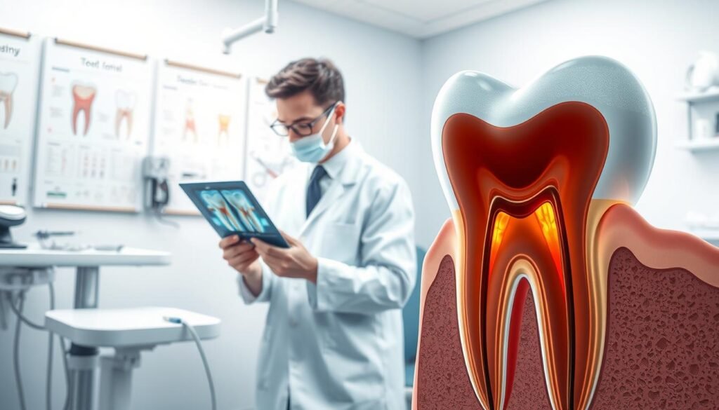 A detailed medical illustration depicting dental root canal therapy and pulp treatment. In the foreground, an anatomically accurate diagram of a tooth with highlighted affected areas, showcasing the root canal and nerve structures, including a clear visual of dental instruments used in the procedure. In the middle ground, a dentist in professional attire examines an X-ray of a tooth with visible tooth decay. The background features a calming dental clinic environment, including charts of tooth anatomy and dental tools, softly illuminated with gentle white lighting to evoke a clinical and serene atmosphere. The overall mood is informative and educational, designed to enhance understanding of the importance of root canal treatment in preserving natural teeth.