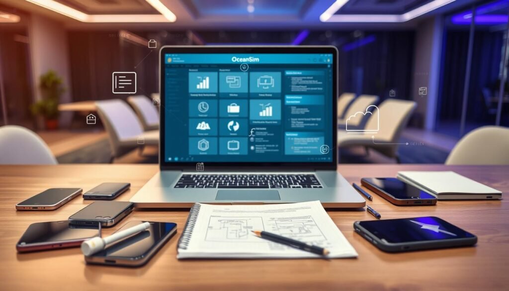 A modern, visually striking troubleshooting guide for "OceanEsim" featuring a professional backdrop. In the foreground, a well-organized desk layout with a laptop open to a troubleshooting app, displaying icons related to common issues. Surrounding the laptop, various tech gadgets (like smartphones and tablets) and a notepad with diagrams and notes neatly arranged. In the middle, lines of code or flowcharts float around, representing tech support processes. The background should show a sleek, modern office space with soft, ambient lighting to evoke a focused yet calm atmosphere. Use a soft-focus lens effect to create a depth of field, highlighting the desk as the central focus while the background remains slightly blurred. The overall mood is one of professionalism, clarity, and problem-solving.