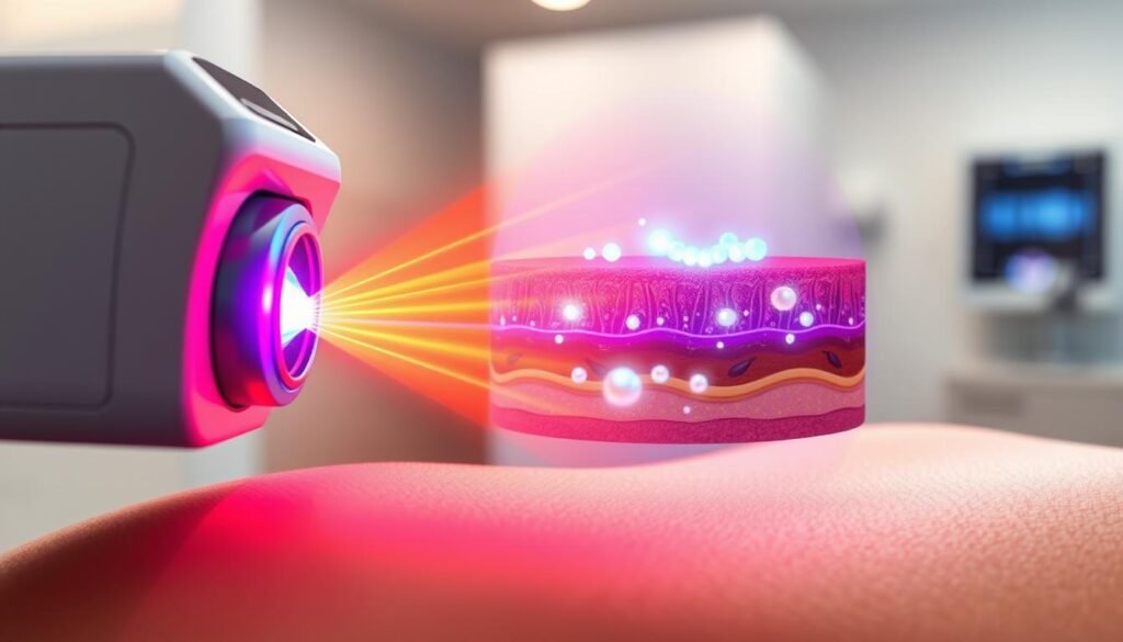 A scientifically detailed illustration showcasing the principles of laser hair removal and the mechanism of melanin absorption. In the foreground, depict a laser device emitting a focused beam of light, targeting hair follicles, with vibrant colors illustrating the interaction of the laser with skin pigments. In the middle ground, show a close-up view of skin layers, highlighting melanin molecules absorbing light, represented as glowing particles. The background should feature a softly blurred clinical setting, emphasizing a sterile and professional environment. Utilize soft, balanced lighting to create an educational yet inviting atmosphere. Capture this in a high-resolution digital art style, with a slight emphasis on the technological sophistication of the laser equipment. The overall mood should inspire curiosity and professionalism, suitable for an informative article on beauty treatments.