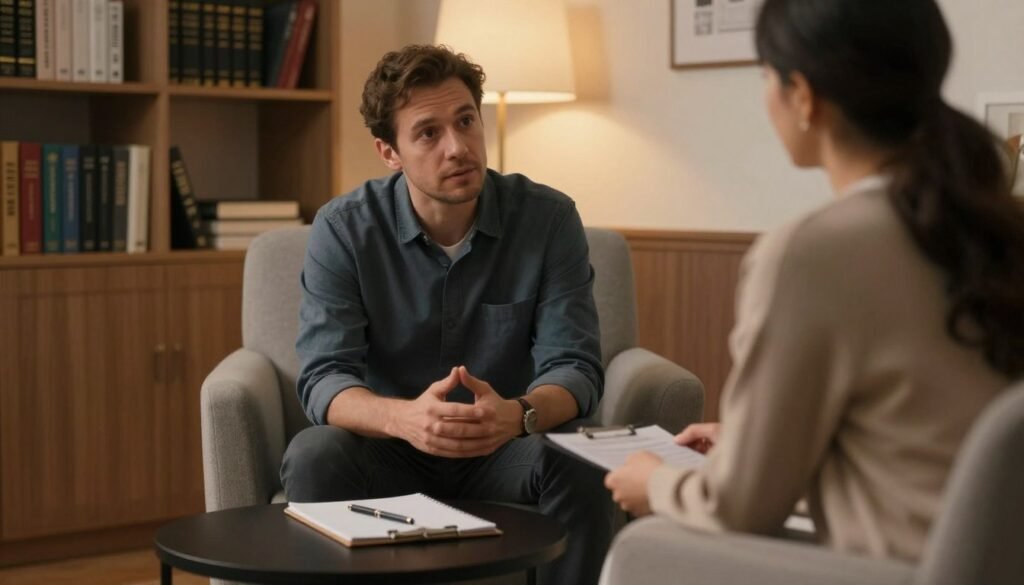 A cozy and intimate scene depicting a psychologist's office, where a professional, modestly dressed psychologist is engaging with a client. In the foreground, a comfortable armchair and a small side table with a notepad and pen reflect a welcoming atmosphere. In the middle, the psychologist is attentively listening, emphasizing empathy and understanding, while the client shares their experiences about psychological effects of intimacy devices. The background features soft, warm lighting, with a few bookshelves filled with psychology books, creating a cinematic vibe. The angle captures both subjects in a thoughtful interaction, promoting a welcoming and open space for discussion, in a 4:3 aspect ratio.