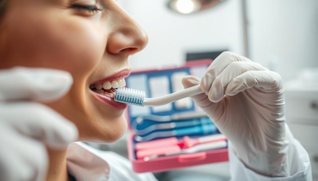 A close-up of a dental care scenario emphasizing wisdom tooth post-operative hygiene. In the foreground, a person gently brushing their teeth with a soft toothbrush, wearing a professional dentist's coat and gloves for hygiene. Their mouth is slightly open, revealing care taken around the wisdom tooth area. In the middle ground, a vibrant, detailed dental tool kit is visible, showcasing tools like dental mirrors and gauze, symbolizing dental care. The background features a calming dental clinic environment, bright and clean, with soft lighting that highlights the importance of oral hygiene. The mood is focused and serene, conveying the message of careful and attentive post-operative care.