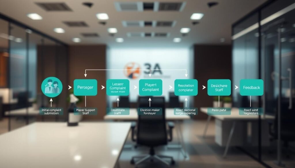 A detailed flowchart illustrating the player complaint mechanism of "3A" entertainment city, organized clearly to convey the steps involved. In the foreground, prominent icons representing players, support staff, and decision-makers interacting through different stages of the process. The middle section showcases arrows connecting each step, illustrating the flow from initial complaint submission, review, resolution, to feedback. The background features a sleek, modern office environment with a professional atmosphere, soft lighting to enhance clarity. The angle should be slightly elevated, providing a comprehensive view of the entire chart. The mood should be professional and informative, aimed at building trust and transparency in the complaint process, with a color palette of blues and greens for a calming effect. No text overlays or additional elements present.
