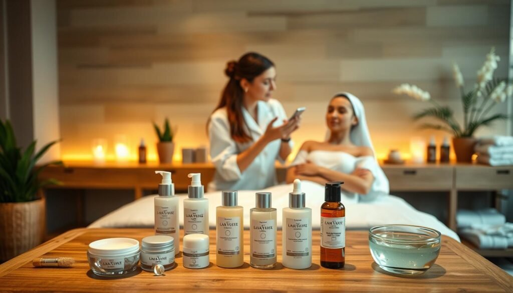 A serene and inviting spa setting focused on post-laser hair removal skin care. In the foreground, display a wooden treatment table with a neatly arranged set of skincare products, including soothing creams, serums, and aloe vera gel. In the middle, a professional-looking skincare consultant in modest, professional attire is demonstrating proper skincare techniques to a client, who looks relaxed and attentive. The background features soft, diffused lighting illuminating potted plants and calming decor, like soft towels and essential oils, creating a tranquil atmosphere. The overall mood is peaceful and nurturing, emphasizing the importance of maintaining skin health after laser treatment. The composition should be shot from a slightly elevated angle to capture the interaction and products effectively.