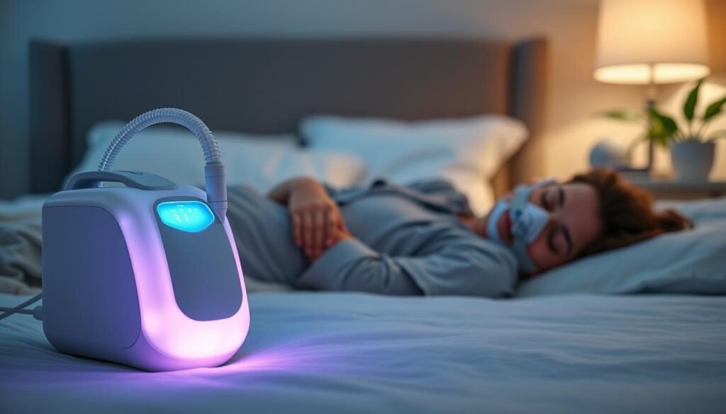 A serene nighttime scene in a well-appointed bedroom featuring a person comfortably sleeping, using a sleep breathing machine. In the foreground, the focus is on the sleek, modern device gently illuminating with a soft blue light, connected to a comfortable mask on the user's face. The middle ground displays the sleeping individual, dressed in modest pajamas, lying peacefully on their side. The background features soft, ambient lighting with muted colors, such as calming blues and greens, alongside bedside essentials like a lamp and a plant. The atmosphere evokes a sense of tranquility and health, symbolizing the importance of non-invasive ventilation therapy. The image captures a moment of restful sleep, emphasizing the device's critical role in treating respiratory conditions.