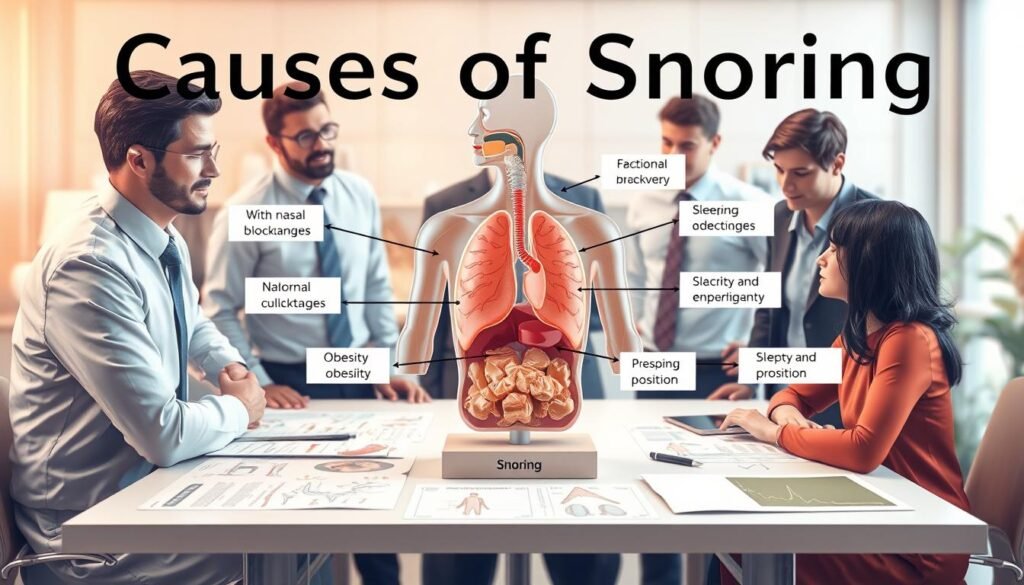 An informative illustration depicting the causes of snoring, titled "Causes of Snoring". In the foreground, a diverse group of men and women of various ages, wearing professional business attire, are engaged in a discussion around a table filled with anatomical diagrams and medical charts related to snoring. In the middle ground, an anatomical model of the human respiratory system is highlighted, with arrows indicating areas impacted by snoring, along with text labels showing contributing factors like nasal blockages, obesity, and sleeping position. The background features a soft-focus, bright medical office environment with warm lighting. The mood is academic and informative, aiming to convey a sense of professionalism and clarity. The composition should guide the viewer’s eyes from the group discussion to the anatomical model, emphasizing the importance of understanding snoring causes.