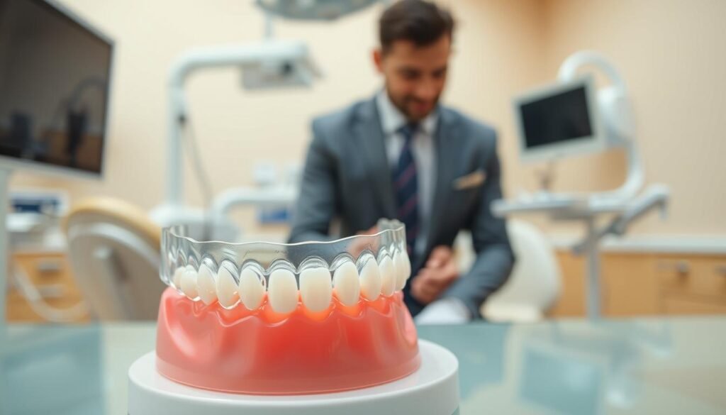 A close-up image of a transparent Invisalign aligner resting on a dental model showcasing straightened teeth, set against a clean, bright dental clinic background. In the foreground, the aligner gleams under soft, natural lighting, highlighting its sleek design and the intricate details of its surface. In the middle ground, a dental professional in smart business attire examines the model, embodying professionalism and expertise. The background features modern dental equipment and a calm atmosphere, with pastel-colored walls. The mood is reassuring and focused, emphasizing the quality and care involved in the Invisalign treatment process at a reputable dental clinic.