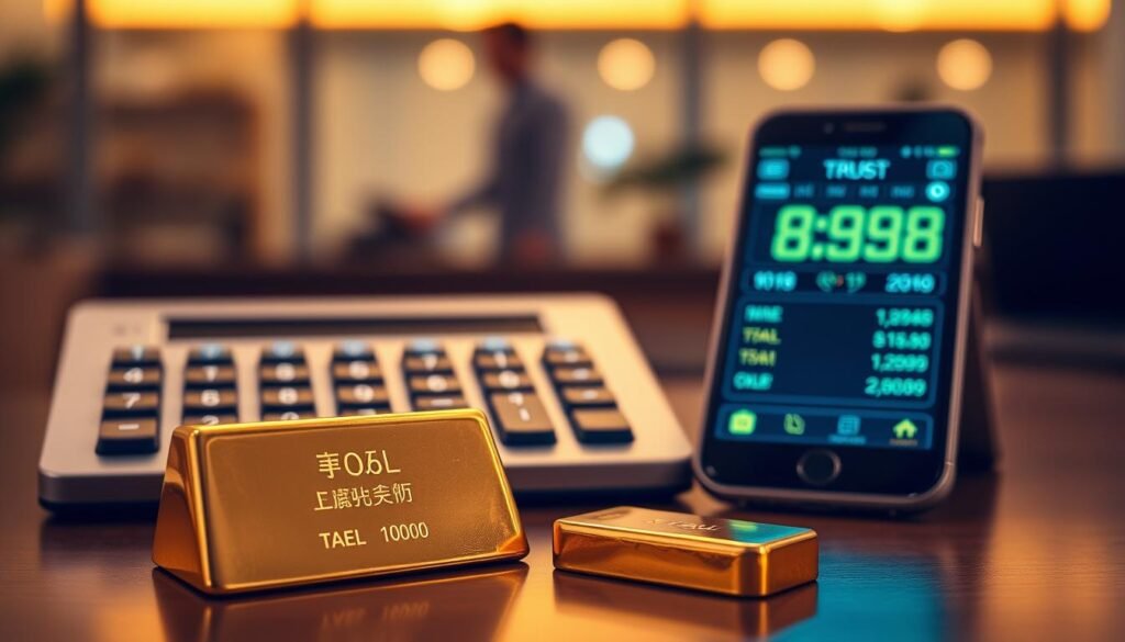 A close-up shot of a gold bar and a digital currency converter displaying the current exchange rate of one tael of gold in New Taiwan Dollars. The gold bar, polished and reflective, sits prominently in the foreground, with its weight and purity subtly engraved. In the middle ground, a sleek, modern calculator and a smartphone showcasing a financial app illuminate the scene, their screens glowing with vibrant numbers. The background includes a soft-focus view of a professional office, conveying a sense of trust and finance. The lighting is warm and inviting, highlighting the gold's gleam while maintaining a serious atmosphere. The composition invokes a sense of careful consideration in financial transactions, emphasizing the theme of vigilance against fraud.