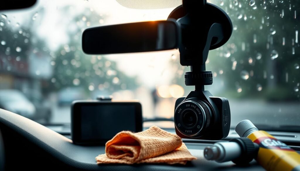 A close-up view of a dashboard mounted car DVR (dashcam) being cleaned and maintained, positioned on a vehicle's dashboard with a focused view of its lens. The scene is set inside a car with a soft natural light filtering through a rain-streaked windshield, creating a reflective atmosphere. In the background, a blurred outline of rain outside enhances the feeling of a humid environment, emphasizing the importance of maintaining the device against moisture. Tools like microfiber cloths and cleaning sprays are neatly arranged in the foreground, suggesting a careful maintenance routine. The overall mood reflects professionalism and attentiveness, highlighting the significance of proper care for electronic devices in challenging weather conditions.