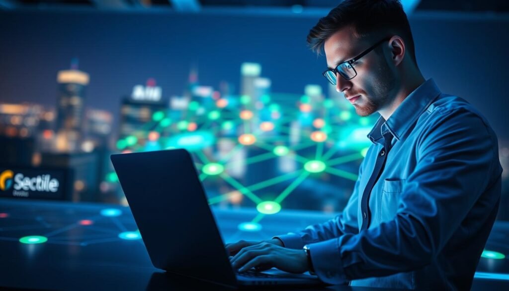 A conceptual illustration of cybersecurity assessment focused on an online gaming platform named "3A Entertainment City." In the foreground, a professional network administrator, dressed in smart casual attire, is analyzing data on a laptop, surrounded by graphs and security icons glowing softly. The middle ground features a digital network map highlighting secure connections with green lines, contrasted against red lines indicating potential risks. In the background, a stylized representation of a city skyline is blurred, suggesting the online environment. The scene is illuminated by cool blue lighting, enhancing a high-tech atmosphere, shot from a slight low angle to emphasize importance. The mood is serious and focused, inviting the viewer to consider the significance of online security in gaming.