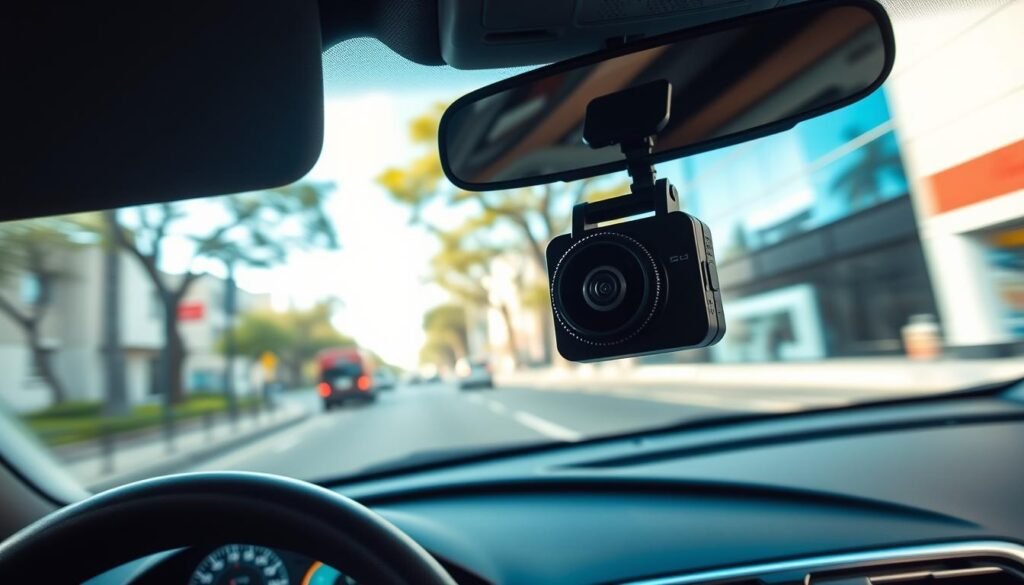 A detailed scene of a high-tech car dashboard showcasing a dashcam in action, capturing footage in high frame rate, 60fps. The foreground features the sleek dashcam mounted on the windshield, illuminated by bright, ambient dashboard lights. The middle ground shows a dynamic view through the windshield, depicting a clear, sunny day with trees and buildings passing by at high speed. The background highlights the vibrant colors of a commercial city street, enhancing the fast-paced environment. The atmosphere is lively and energetic, emphasizing the advanced technology of the dashcam. The lighting should be bright and natural, creating a realistic and engaging visual experience.