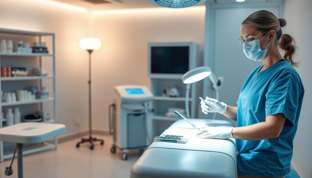 A modern clinical setting focused on the method of wart removal. In the foreground, a pristine treatment table is equipped with sterile instruments and a professional healthcare worker in scrubs and a mask, demonstrating a non-invasive wart removal procedure. The middle ground features a well-lit room with high-tech medical equipment, including a laser device, showcasing a focus on hygiene and comfort. The background includes an array of medical supplies on shelves and a softly glowing lamp, enhancing the sterile atmosphere. The image is well-lit, highlighting the professionalism and technological advancement of the treatment. The mood is calm and reassuring, embodying a sense of trust and safety for patients undergoing the procedure.