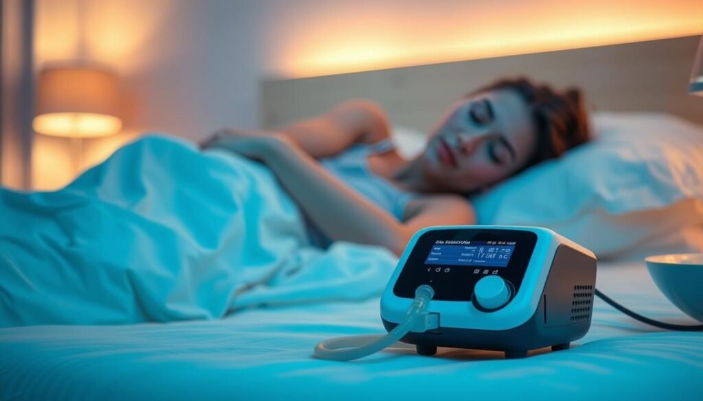 A modern sleep apnea machine, prominently displayed in the foreground, showcasing its sleek design with a digital interface and attached tubing. The middle ground features a serene bedroom environment, softly lit by warm, ambient lighting, evoking a calm and restful atmosphere. In the background, a peaceful sleeping figure, dressed in modest sleepwear, demonstrates the machine’s functionality. The image should have a soft focus to convey tranquility, with a slight depth of field that emphasizes the sleep apnea device. The overall mood should be reassuring and informative, highlighting the importance of using such a device for better sleep quality.