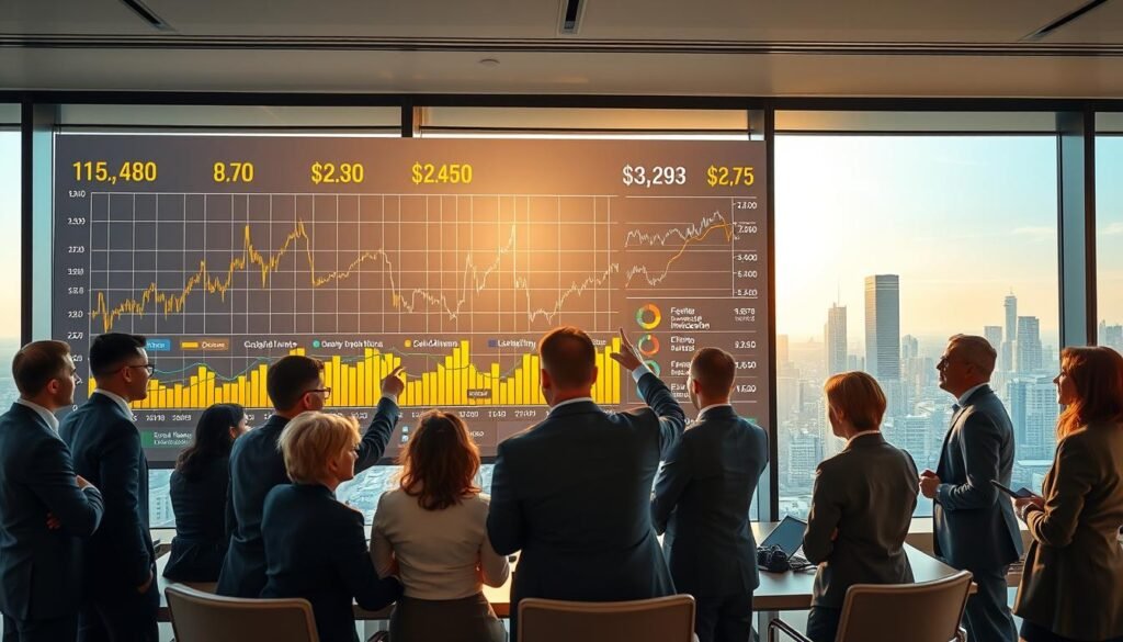 A sophisticated financial analysis scene set in a modern conference room, showcasing a large digital display of fluctuating gold prices overlaid with graphical data about influences on gold pricing. In the foreground, a diverse group of professionals in formal business attire engage in discussion, pointing at charts depicting "one tael" (一錢) gold prices and their peaks. The middle ground features charts illustrating factors such as inflation, demand, and geopolitical events. In the background, large windows reveal a city skyline, bathed in golden sunlight, symbolizing wealth. The lighting is bright yet soft, creating an atmosphere of insight and focus, with a dynamic angle that captures the interaction among the professionals as they delve into the complexities of the gold market.