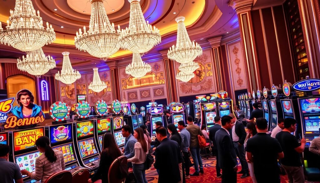 A vibrant and engaging scene showcasing a bustling casino environment dedicated to the 3A Entertainment gaming experience. In the foreground, a diverse group of players, dressed in smart casual attire, are intently interacting with various colorful slot machines, each displaying unique and elaborate designs. The middle ground features rows of nearby slot machines, illuminated by dynamic neon lights creating a lively atmosphere. The background presents the grandeur of the casino with shimmering chandeliers and elegantly decorated walls, enhancing the luxury feel. The lighting is warm and inviting, casting soft reflections on shiny surfaces. The overall mood is one of excitement and enjoyment, encapsulating the diverse gaming experience that 3A Entertainment provides to its players.