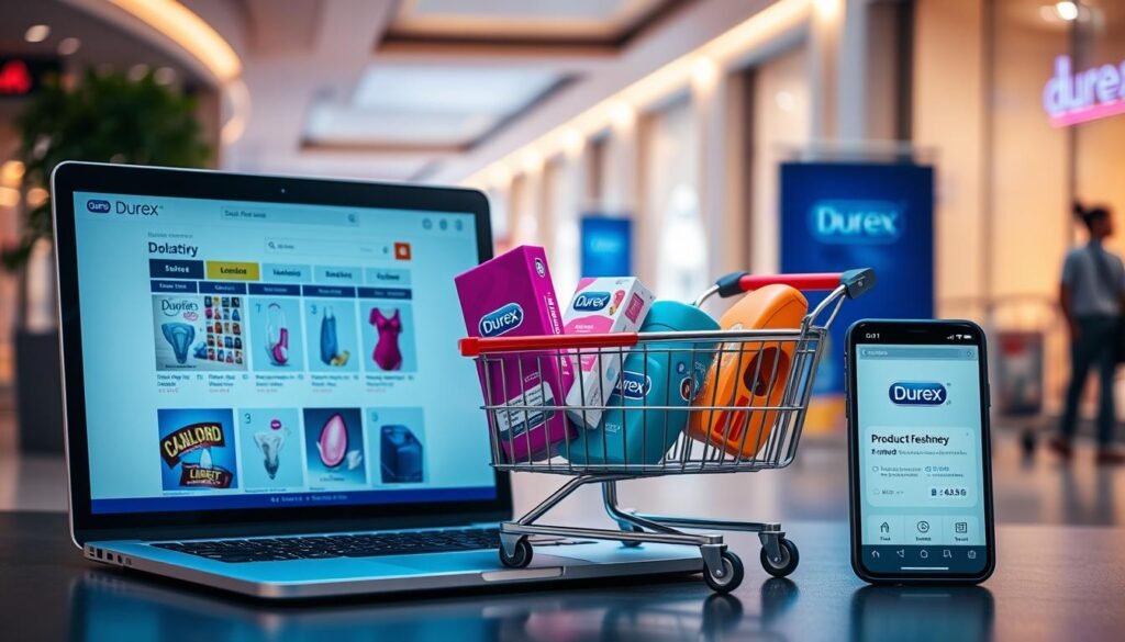 A visually appealing scene set in a modern online shopping environment representative of Durex, showcasing a well-organized digital platform. The foreground features a sleek laptop and smartphone displaying the Durex online store, emphasizing user-friendly navigation and product freshness. In the middle, a stylishly designed shopping cart filled with Durex products, prominently featuring verified labels and expiration dates. The background showcases a serene shopping mall ambiance, hinting at the Moon River Mall's storefronts with soft, warm lighting that creates an inviting atmosphere. The scene is captured with a slightly elevated angle to give a sense of depth, using natural light to enhance the clarity and details of the products. The mood is safe, professional, and reassuring, reflecting confidence in maintaining product quality.