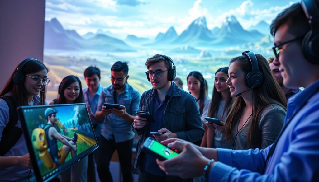 A visually striking depiction of the principles of color psychology in AAA game design. In the foreground, an immersive game interface showcases a harmonious blend of soothing colors such as blues and greens, strategically placed to reduce visual fatigue for long gaming sessions. The middle layer features a diverse group of professional gamers, dressed in casual yet polished attire, engaging with the interface on sleek gaming devices, their expressions reflecting focus and enjoyment. In the background, ethereal landscapes and gaming environments illustrate the use of vibrant colors, highlighting the psychological impact on players. The scene is bathed in soft, ambient lighting, creating a calming atmosphere. The perspective is a dynamic angle, capturing both the gamers and the vibrant interface, emphasizing the synergy between color and player experience.