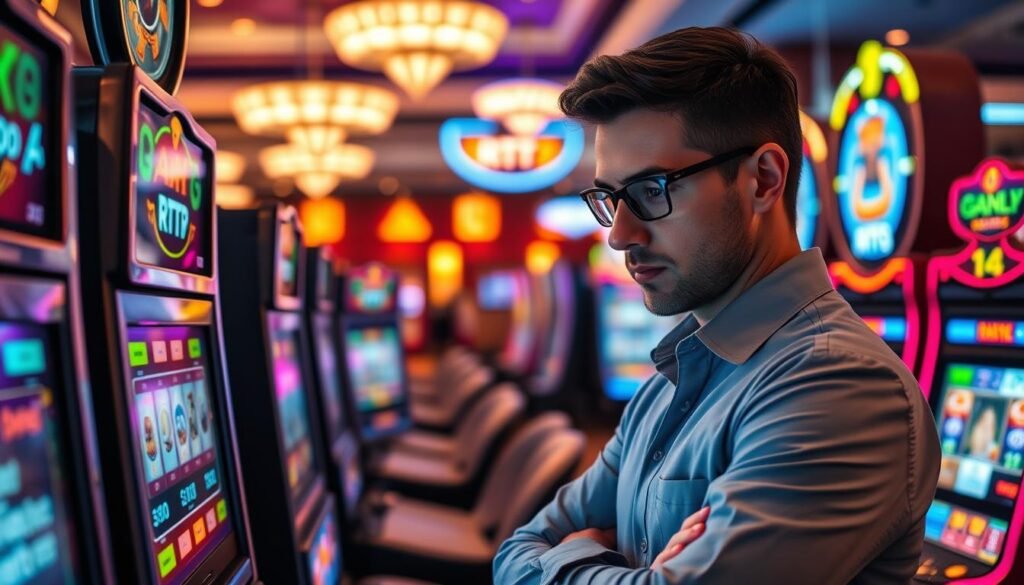 Create an image depicting a modern casino gaming environment focusing on a slot machine with clear, transparent interface elements displaying data related to investment return rates (RTP). In the foreground, show a professional-looking player analyzing the machine with a confident expression, dressed in smart casual clothing. The middle ground features additional slot machines with vibrant designs and bright screens, creating an engaging atmosphere. In the background, soft lighting enhances the excitement of the casino, with playful neon signs casting colorful reflections. The overall mood should be energetic yet focused, capturing the strategic analysis of game performance and data transparency in a well-designed gaming space.