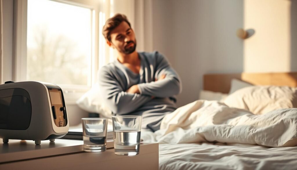 A serene bedroom scene at morning light, softly illuminating a bedside table with a modern sleep apnea machine. In the foreground, a glass of water sits next to the machine, suggesting relief from dryness. A thoughtful individual, dressed in comfortable yet modest sleepwear, is stretching as they wake up, looking rejuvenated but slightly puzzled. The middle ground features a simple, cozy bed with fluffy pillows and a light blanket, conveying a restful atmosphere. In the background, a window reveals gentle daylight, with the soft silhouettes of trees outside. The overall mood is calm and reflective, highlighting the topic of addressing sleep-related dryness while emphasizing comfort and tranquility in the bedroom setting.