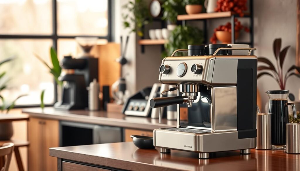 A sleek and modern La Marzocco Linea Micra coffee machine is prominently displayed on a stylish home bar setup, designed for optimal workflow and efficiency. In the foreground, the coffee machine gleams under soft, warm lighting, casting inviting reflections. The middle ground features a beautifully arranged bar counter with high-quality accessories like coffee grinders, espresso cups, and tools, all enhancing the professional aesthetic. In the background, a cozy café-like atmosphere with soft wooden tones and vibrant indoor plants adds warmth and contextual depth. The image has a sharp focus, mimicking a shallow depth of field for an elegant look. The overall mood is sophisticated yet approachable, perfect for coffee enthusiasts seeking to elevate their brewing experience.